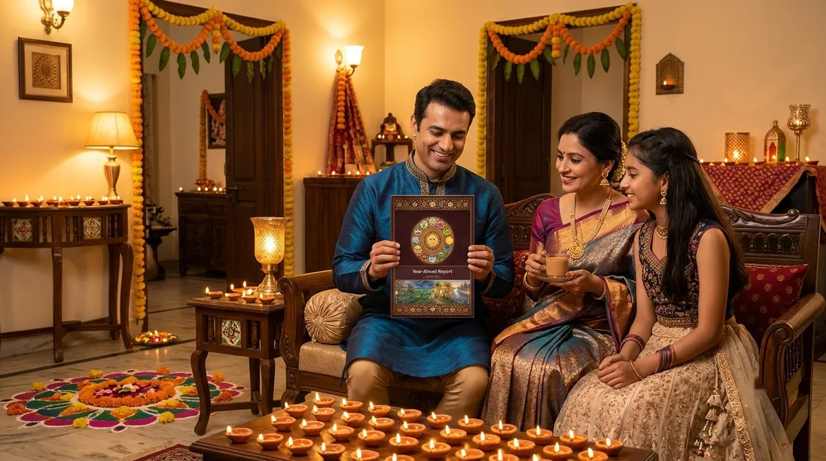 A family with the report at Diwali