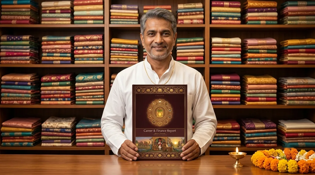 A shop owner holding his Career & Finance Report